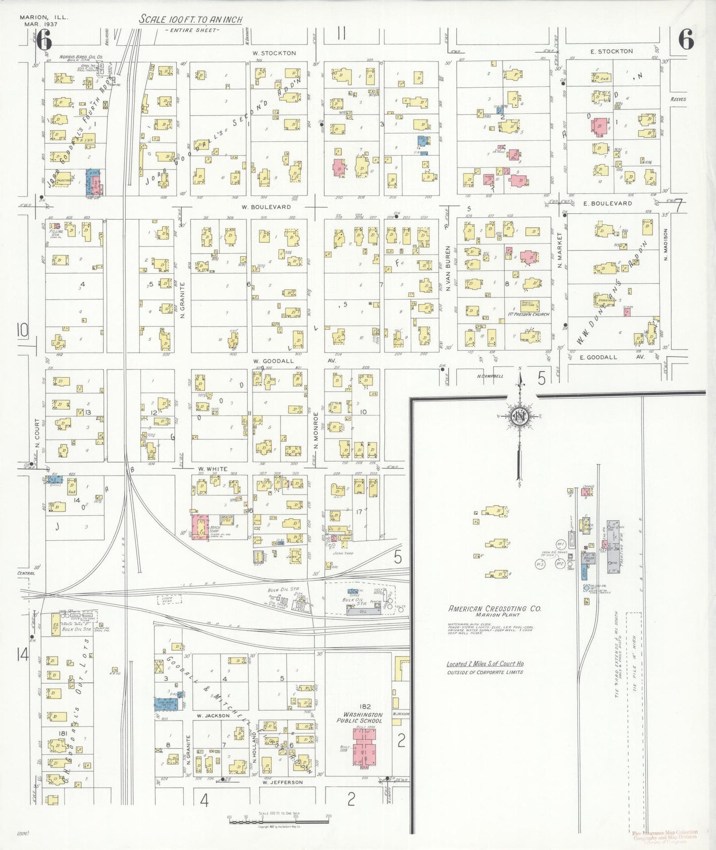 Sanborn Fire Insurance Map from Marion, Williamson County, Illinois (1937), Sheet #0006 - Historic Sanborn Fire Insurance Map Print, vintage old map wall art, antique decor, genealogy gift, Illinois Illinois map