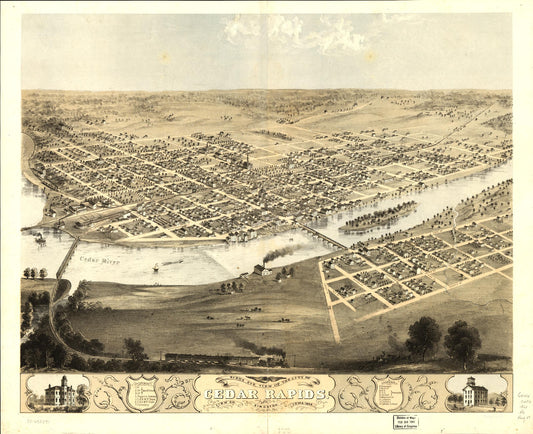 Birds eye view of the city of Cedar Rapids and Kingston, Linn Co., Iowa 1868. (1868) – Historic Bird’s-Eye View Panorama Print