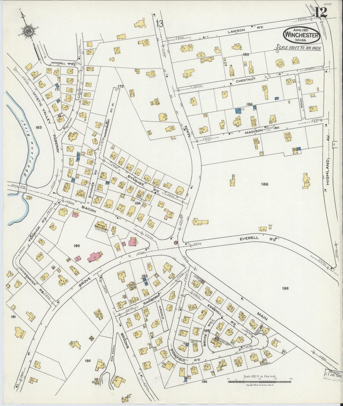 Sanborn Fire Insurance Map from Winchester, Middlesex County, Massachusetts (1921), Sheet #0012 - Historic Sanborn Fire Insurance Map Print, vintage old map wall art, antique decor, genealogy gift, Massachusetts Massachusetts map
