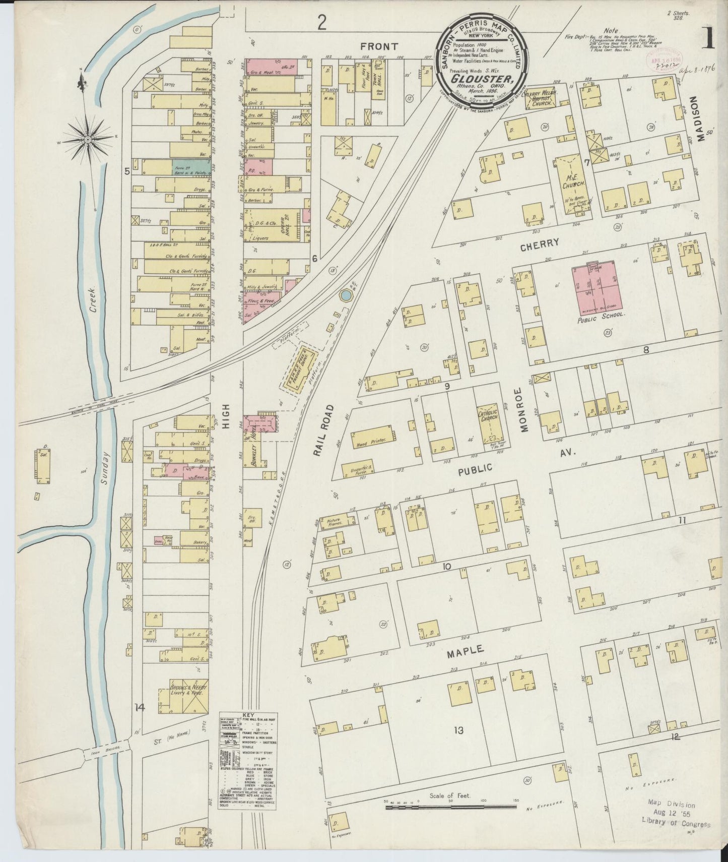 Sanborn Fire Insurance Map from Glouster, Athens County, Ohio (1896), Sheet #0001 - Historic Sanborn Fire Insurance Map Print, vintage old map wall art, antique decor, genealogy gift, Ohio Ohio map