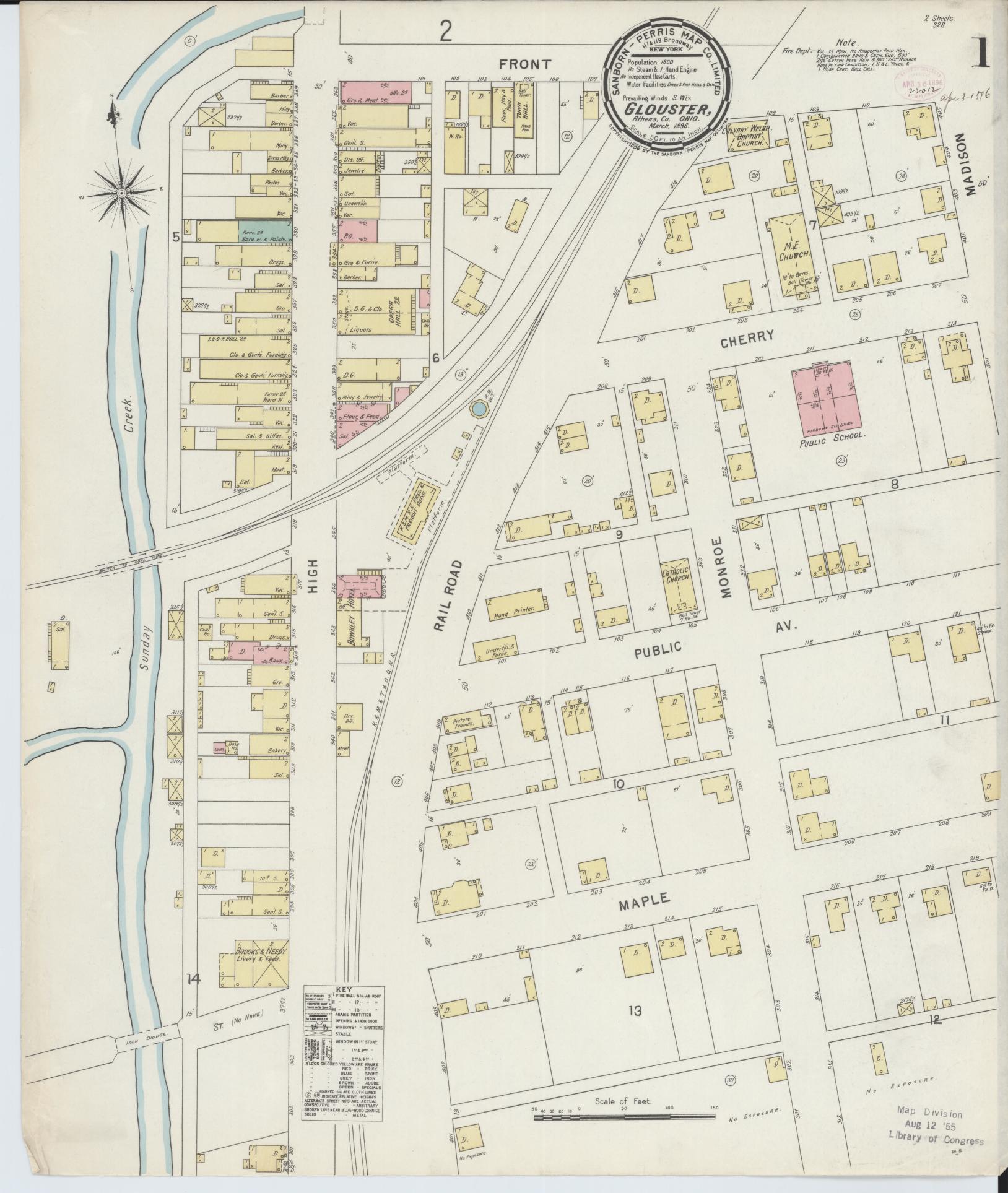 Sanborn Fire Insurance Map from Glouster, Athens County, Ohio (1896), Sheet #0001 - Historic Sanborn Fire Insurance Map Print, vintage old map wall art, antique decor, genealogy gift, Ohio Ohio map