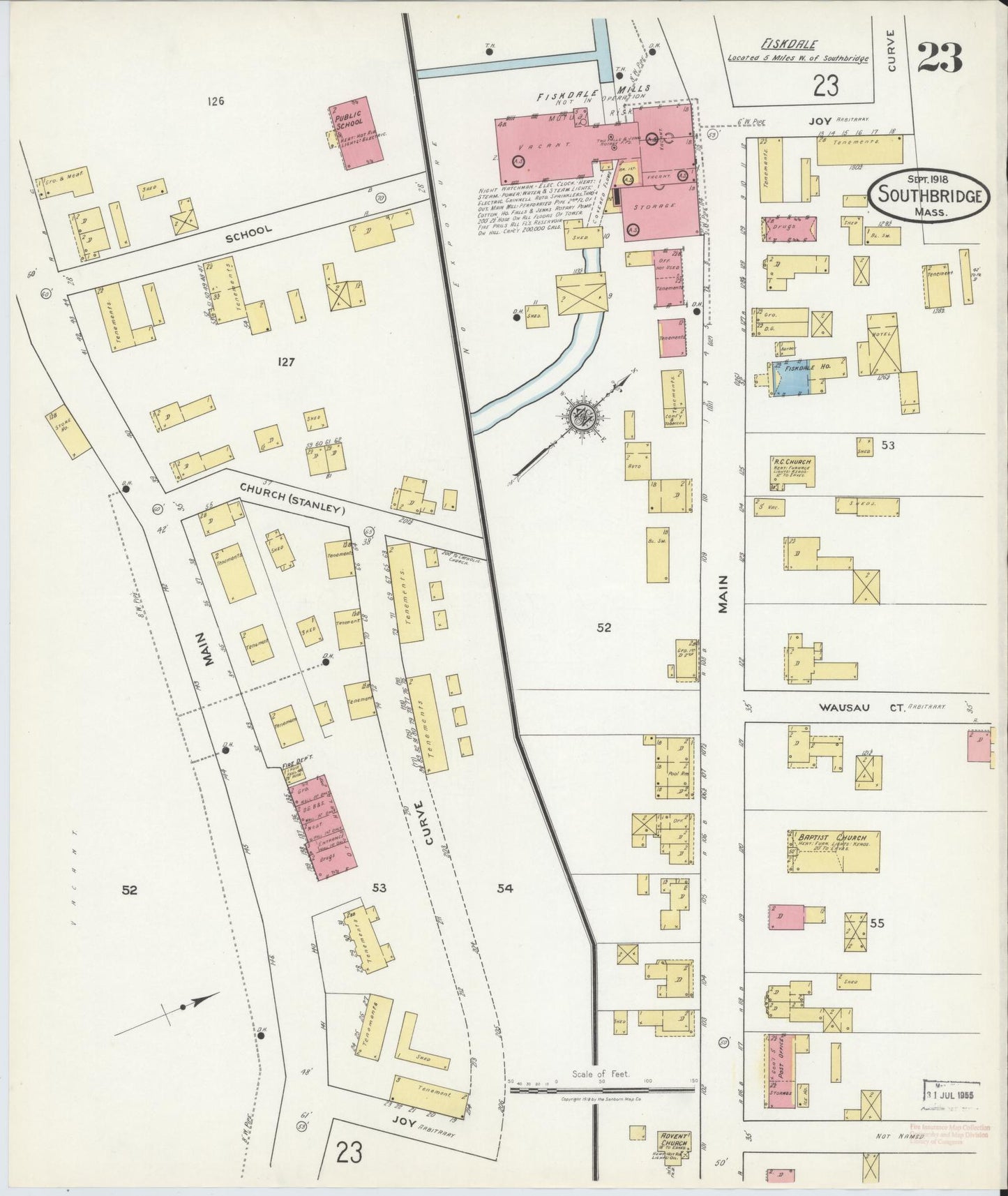 Sanborn Fire Insurance Map from Southbridge, Worcester County, Massachusetts (1918), Sheet #0023 - Historic Sanborn Fire Insurance Map Print, vintage old map wall art, antique decor, genealogy gift, Massachusetts Massachusetts map