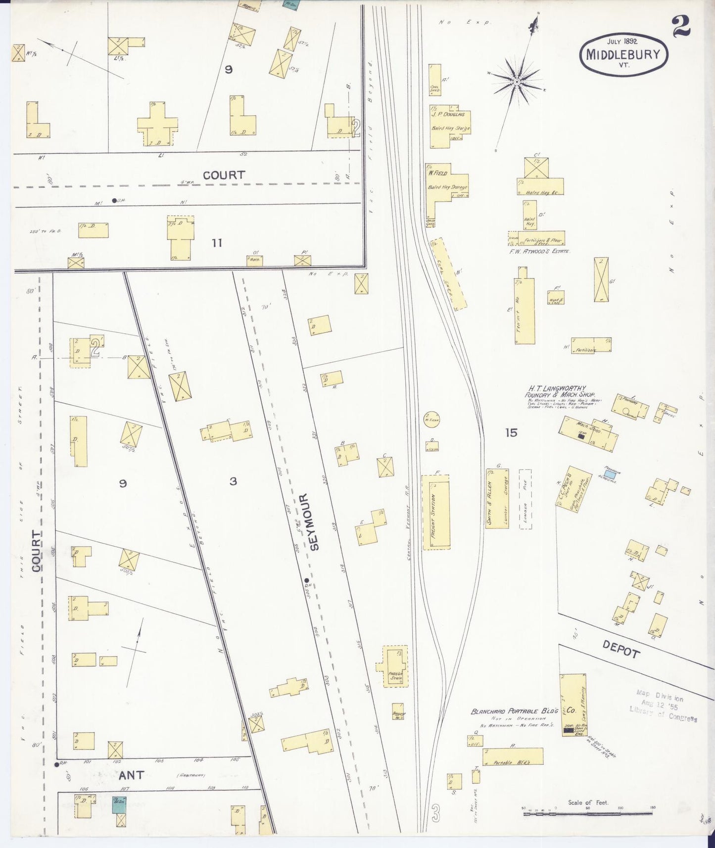 Sanborn Fire Insurance Map from Middlebury, Addison County, Vermont (1892), Sheet #0002 - Complete Map Set gallery image, historic Sanborn map, vintage wall art, Vermont Vermont