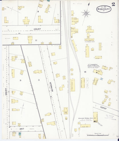 Sanborn Fire Insurance Map from Middlebury, Addison County, Vermont (1892), Sheet #0002 - Complete Map Set gallery image, historic Sanborn map, vintage wall art, Vermont Vermont