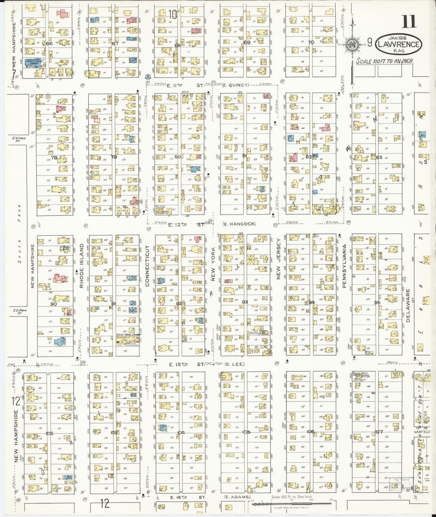 Sanborn Fire Insurance Map from Lawrence, Douglas County, Kansas (1918), Sheet #0011 - Complete Map Set gallery image, historic Sanborn map, vintage wall art, Kansas Kansas