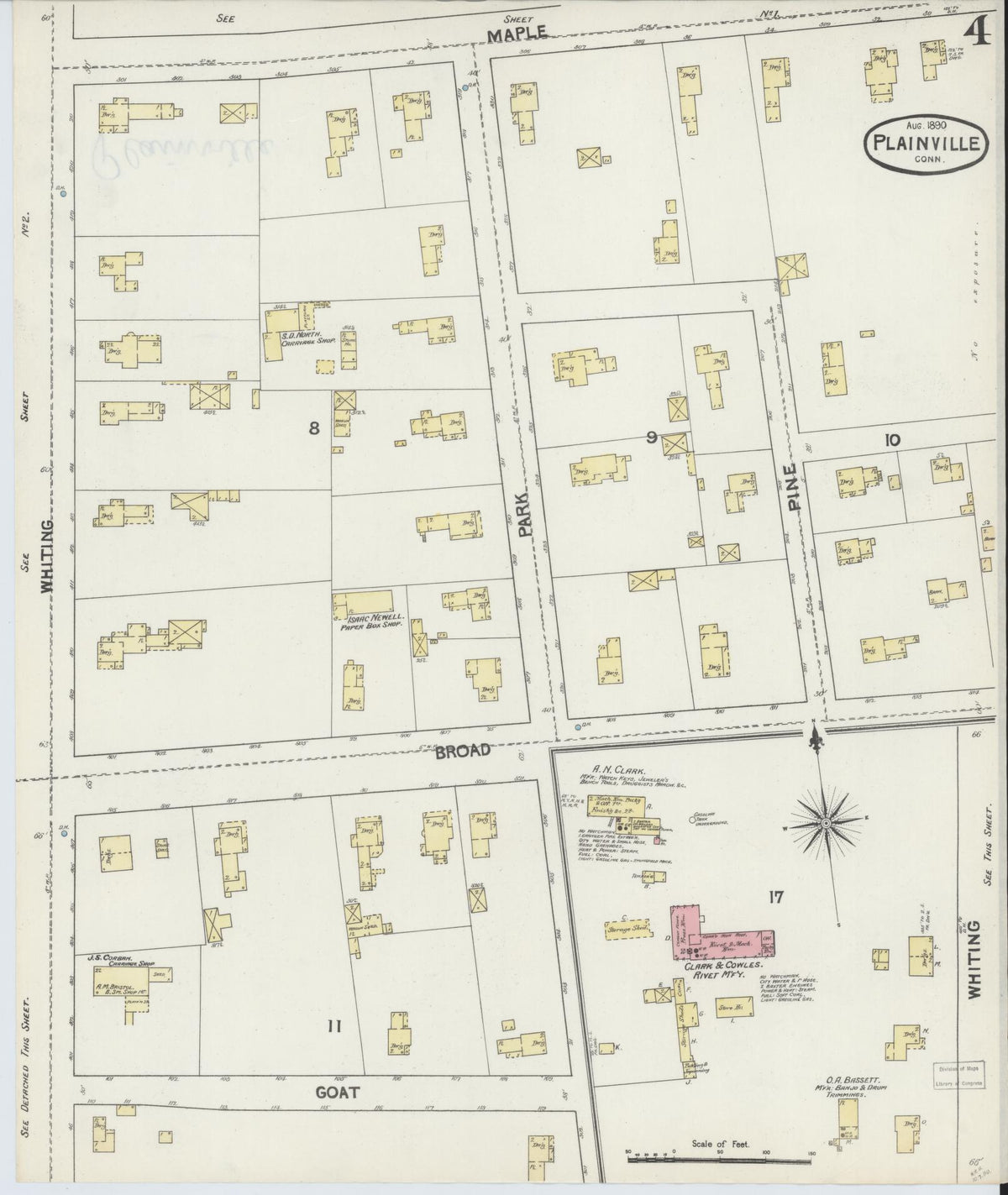 Sanborn Fire Insurance Map from Plainville, Hartford County, Connecticut (1890), Sheet #0004 - Historic Sanborn Fire Insurance Map Print, vintage old map wall art, antique decor, genealogy gift, Connecticut Connecticut map