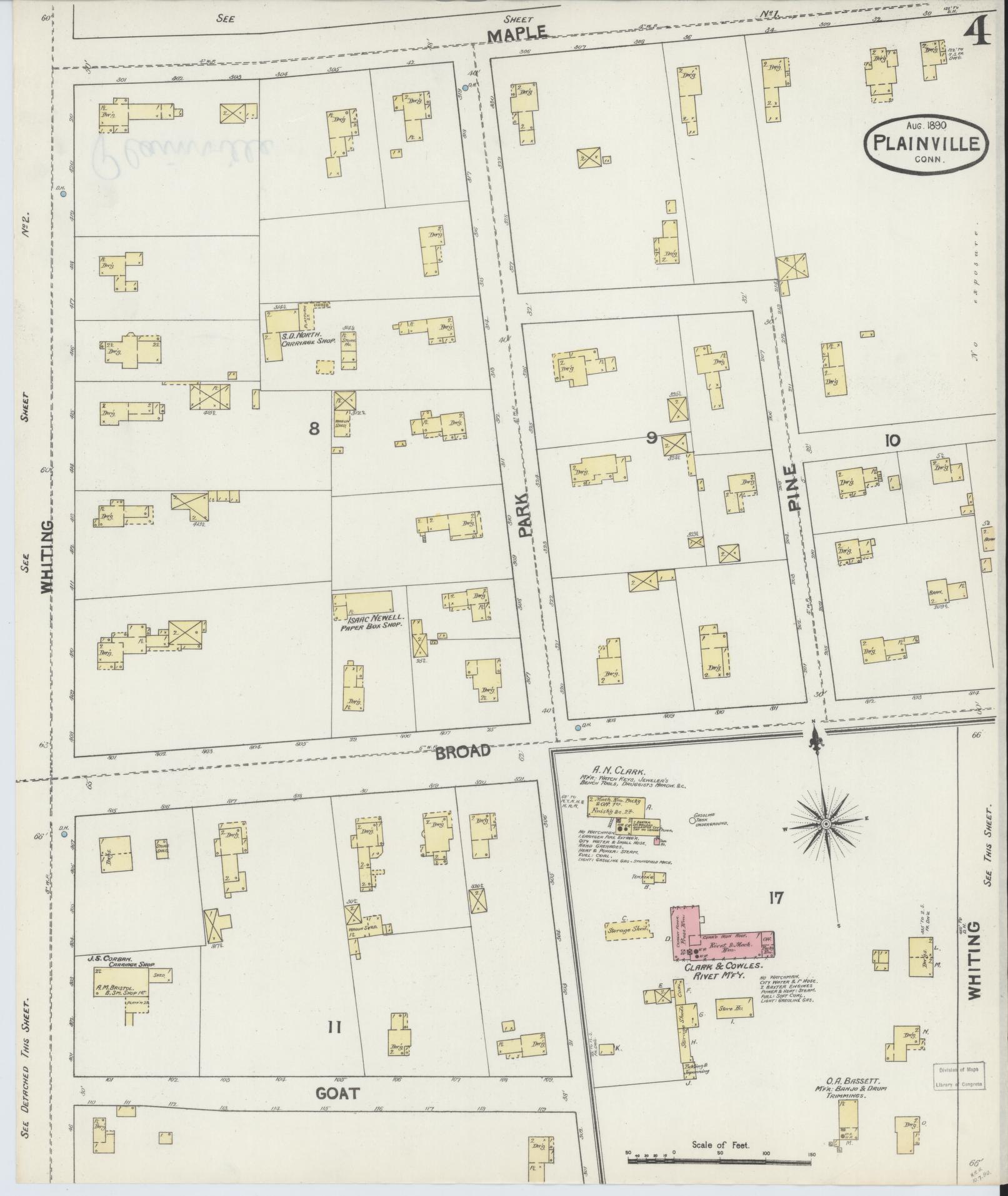 Sanborn Fire Insurance Map from Plainville, Hartford County, Connecticut (1890), Sheet #0004 - Historic Sanborn Fire Insurance Map Print, vintage old map wall art, antique decor, genealogy gift, Connecticut Connecticut map