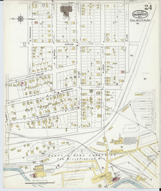 Sanborn Fire Insurance Map from Ironwood, Gogebic County, Michigan (1921), Sheet #0024 - Historic Sanborn Fire Insurance Map Print, vintage old map wall art, antique decor, genealogy gift, Michigan Michigan map