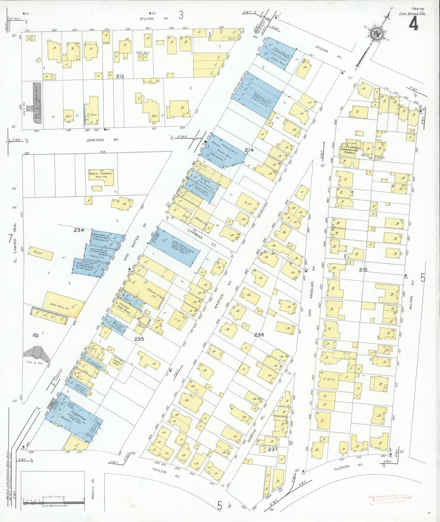Sanborn Fire Insurance Map from San Bruno, San Mateo County, California (1949), Sheet #0004 - Complete Map Set gallery image, historic Sanborn map, vintage wall art, California California