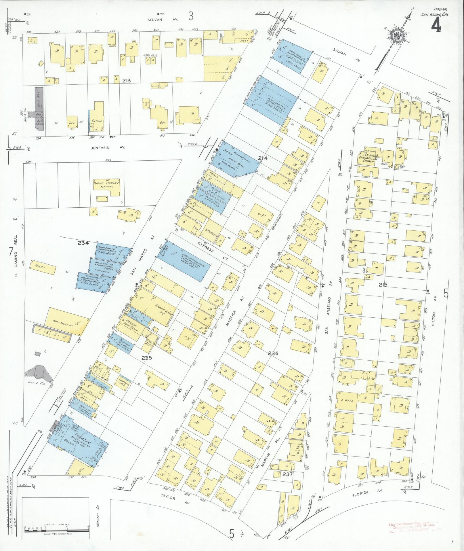 Sanborn Fire Insurance Map from San Bruno, San Mateo County, California (1949), Sheet #0004 - Complete Map Set gallery image, historic Sanborn map, vintage wall art, California California