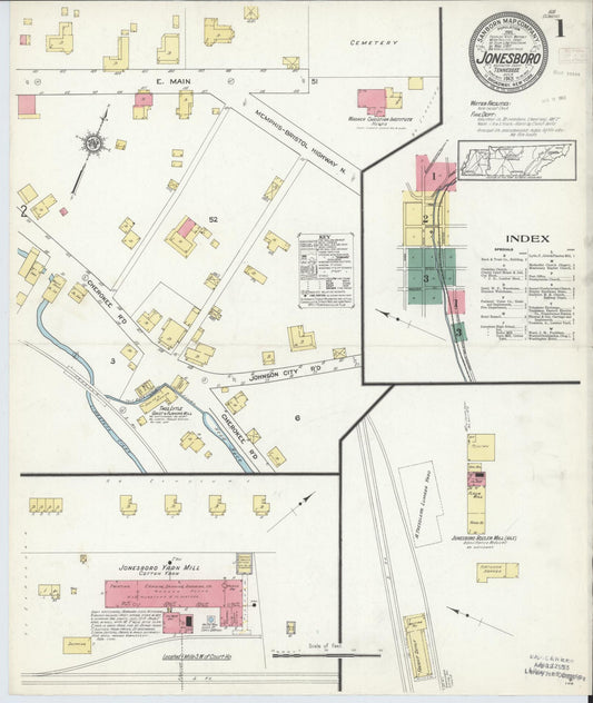 Sanborn Fire Insurance Map from Jonesboro, Washington County, Tennessee (1913), Sheet #0001 - Historic Sanborn Fire Insurance Map Print, vintage old map wall art, antique decor, genealogy gift, Tennessee Tennessee map
