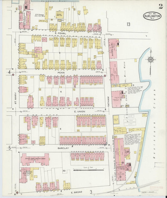 Sanborn Fire Insurance Map from Burlington, Burlington County, New Jersey (1915), Sheet #0002 - Historic Sanborn Fire Insurance Map Print, vintage old map wall art, antique decor, genealogy gift, New Jersey New Jersey map