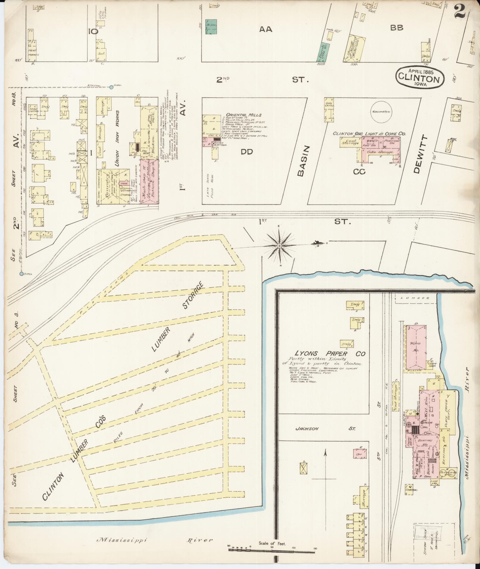 Sanborn Fire Insurance Map from Clinton, Clinton County, Iowa (1885), Sheet #0002 - Historic Sanborn Fire Insurance Map Print, vintage old map wall art