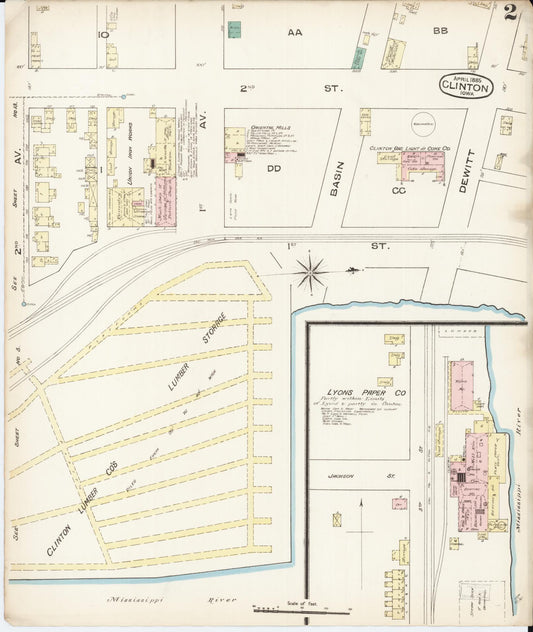 Sanborn Fire Insurance Map from Clinton, Clinton County, Iowa (1885), Sheet #0002 - Historic Sanborn Fire Insurance Map Print, vintage old map wall art