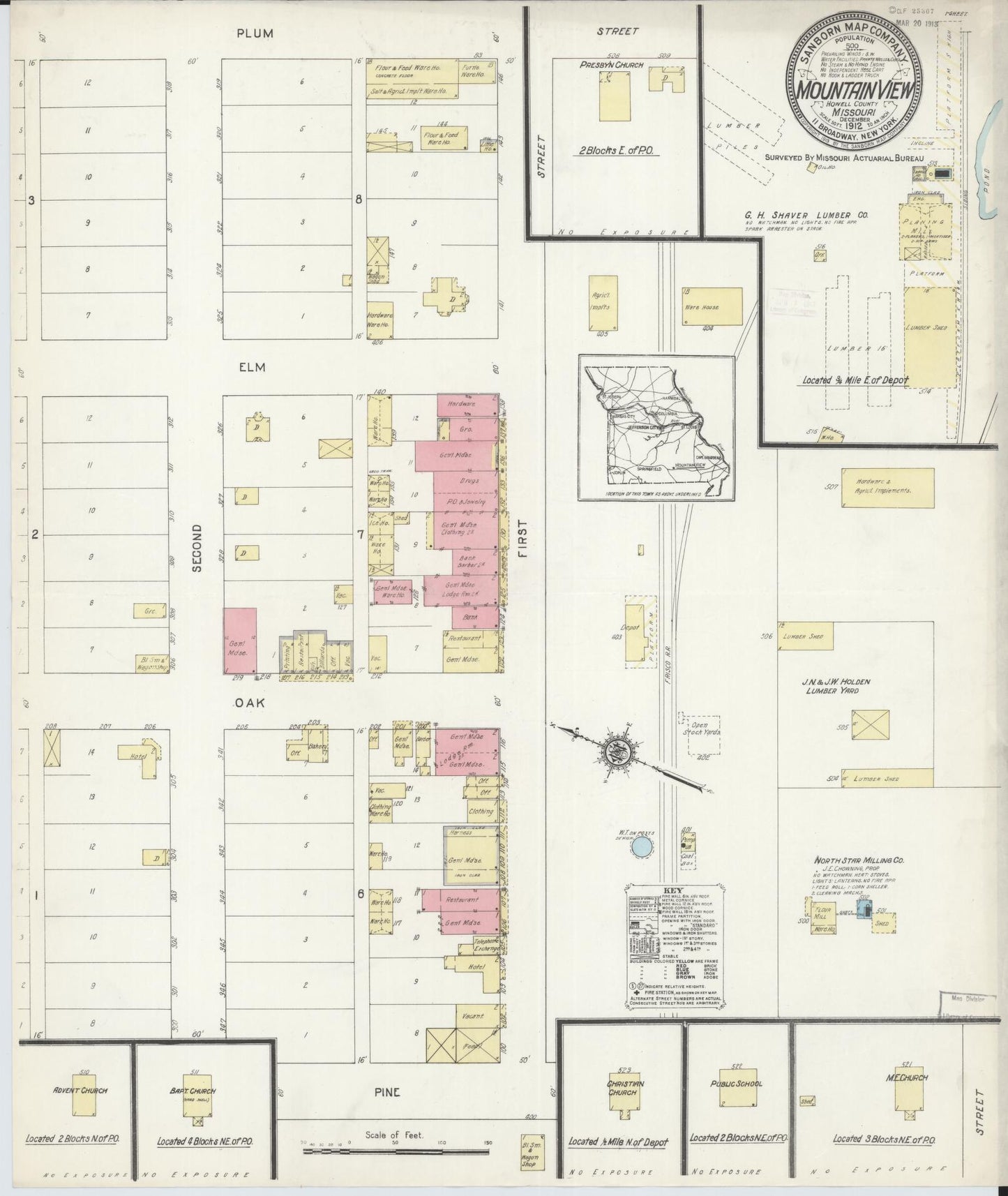 Sanborn Fire Insurance Map from Mountain View, Howell County, Missouri (1912), Sheet #0001 - Historic Sanborn Fire Insurance Map Print, vintage old map wall art, antique decor, genealogy gift, Missouri Missouri map