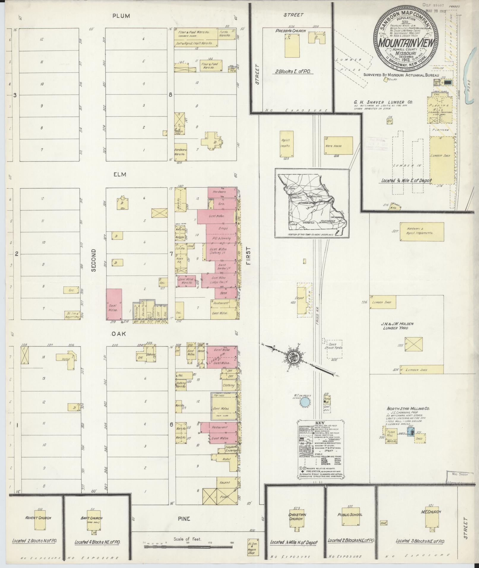 Sanborn Fire Insurance Map from Mountain View, Howell County, Missouri (1912), Sheet #0001 - Historic Sanborn Fire Insurance Map Print, vintage old map wall art, antique decor, genealogy gift, Missouri Missouri map