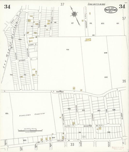 Sanborn Fire Insurance Map from Watertown, Middlesex County, Massachusetts (1923), Sheet #0034 - Historic Sanborn Fire Insurance Map Print, vintage old map wall art, antique decor, genealogy gift, Massachusetts Massachusetts map