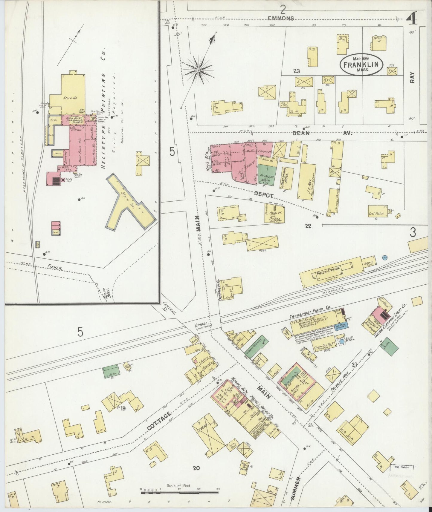 Sanborn Fire Insurance Map from Franklin, Norfolk County, Massachusetts (1899), Sheet #0004 - Historic Sanborn Fire Insurance Map Print, vintage old map wall art, antique decor, genealogy gift, Massachusetts Massachusetts map
