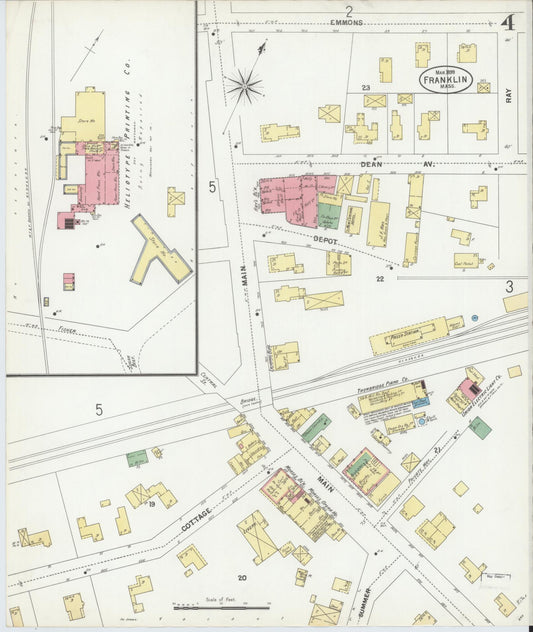 Sanborn Fire Insurance Map from Franklin, Norfolk County, Massachusetts (1899), Sheet #0004 - Historic Sanborn Fire Insurance Map Print, vintage old map wall art, antique decor, genealogy gift, Massachusetts Massachusetts map