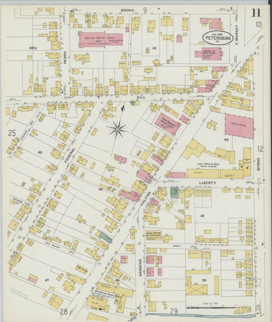 Sanborn Fire Insurance Map from Petersburg, Independent Cities, Virginia (1908), Sheet #0011 - Historic Sanborn Fire Insurance Map Print, vintage old map wall art, antique decor, genealogy gift, Virginia Virginia map