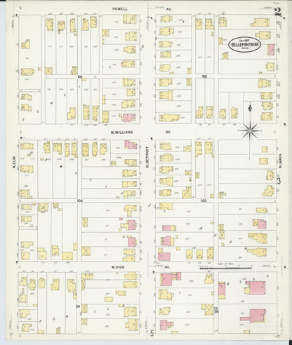 Sanborn Fire Insurance Map from Bellefontaine, Logan County, Ohio (1907), Sheet #0002 - Complete Map Set gallery image, historic Sanborn map, vintage wall art, Ohio Ohio