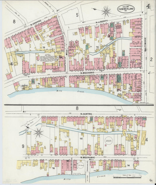 Allegany, Maryland - 1897 - Sanborn Fire Insurance Map, Sheet #0004 - Historic Sanborn Fire Insurance Map Print, Allegany Maryland 1897 0004 vintage old map wall art
