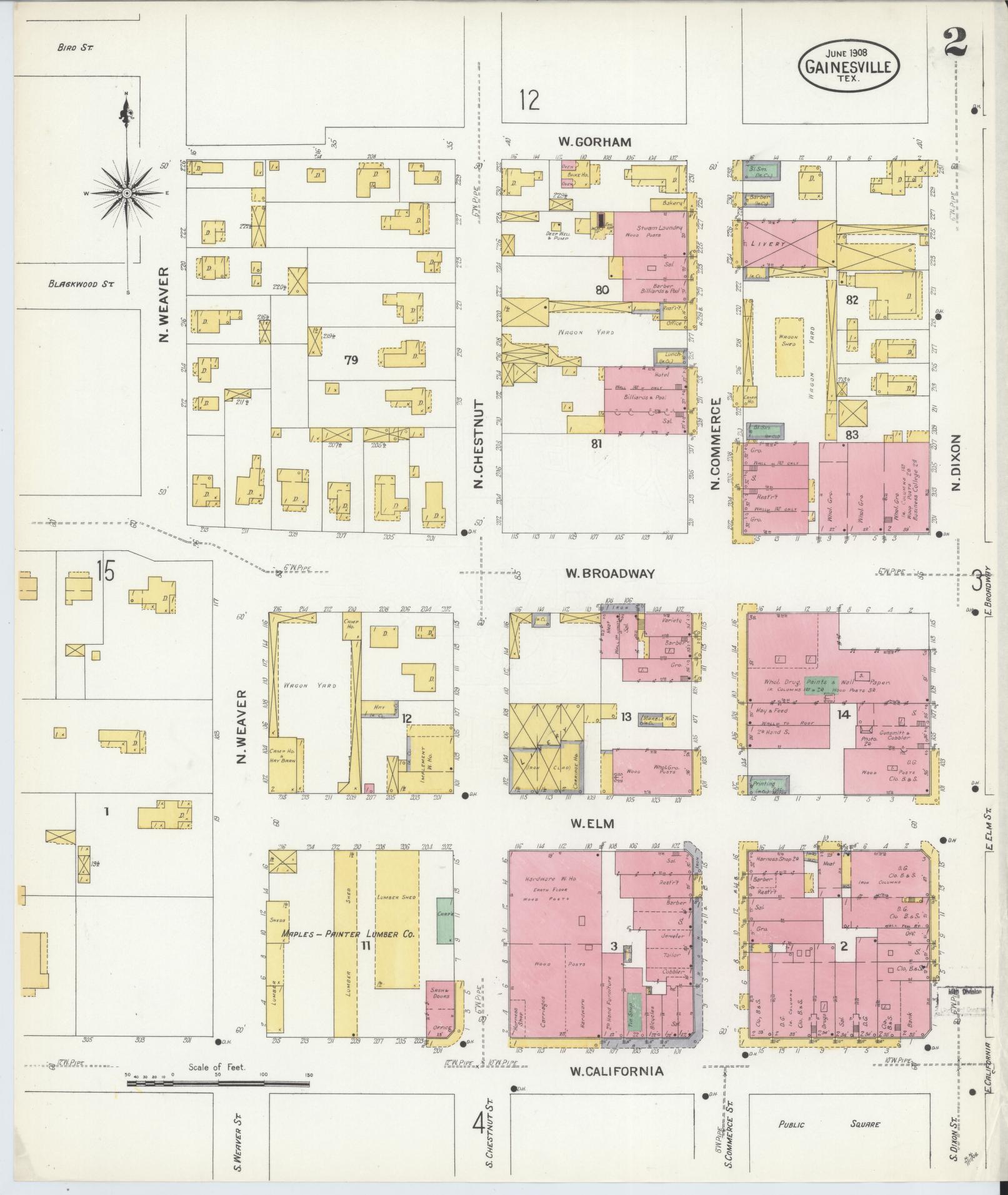Sanborn Fire Insurance Map from Gainesville, Cooke County, Texas (1908), Sheet #0002 - Historic Sanborn Fire Insurance Map Print, vintage old map wall art, antique decor, genealogy gift, Texas Texas map