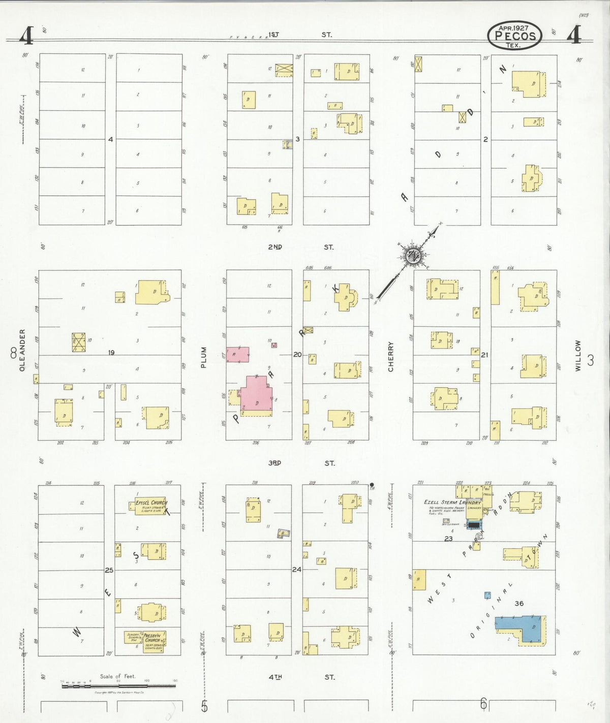 Sanborn Fire Insurance Map from Pecos, Reeves County, Texas (1927), Sheet #0004 - Complete Map Set gallery image, historic Sanborn map, vintage wall art, Texas Texas