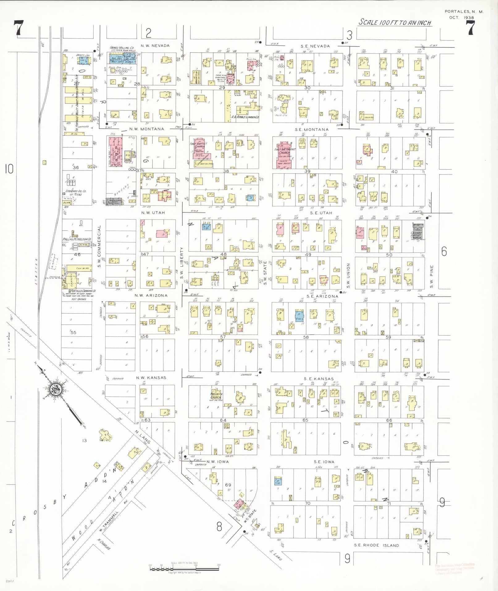 Sanborn Fire Insurance Map from Portales, Roosevelt County, New Mexico (1938), Sheet #0007 - Historic Sanborn Fire Insurance Map Print, vintage old map wall art, antique decor, genealogy gift, New Mexico New Mexico map