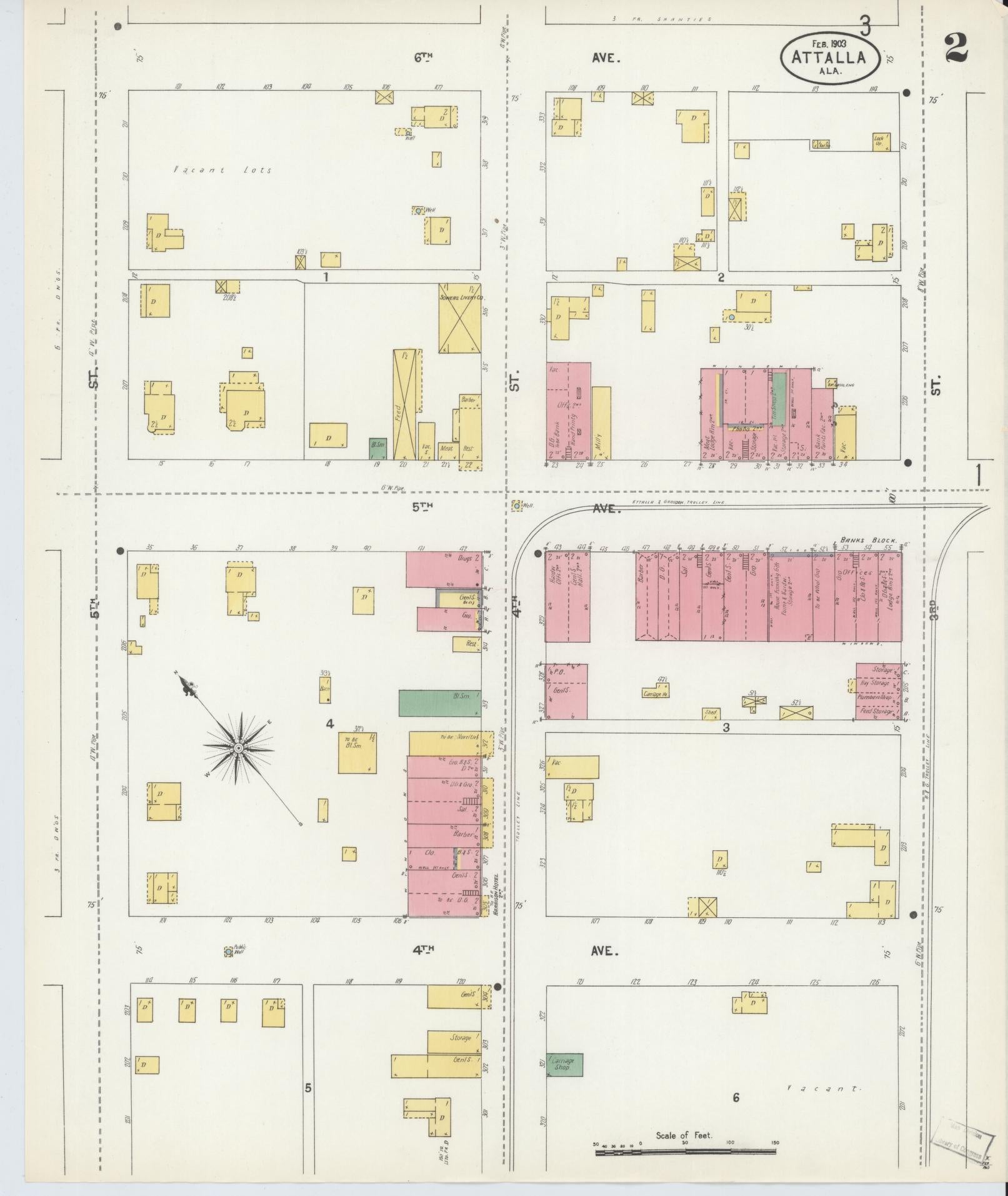 Sanborn Fire Insurance Map from Attalla, Etowah County, Alabama (1903), Sheet #0002 - Historic Sanborn Fire Insurance Map Print, vintage old map wall art, antique decor, genealogy gift, Alabama Alabama map
