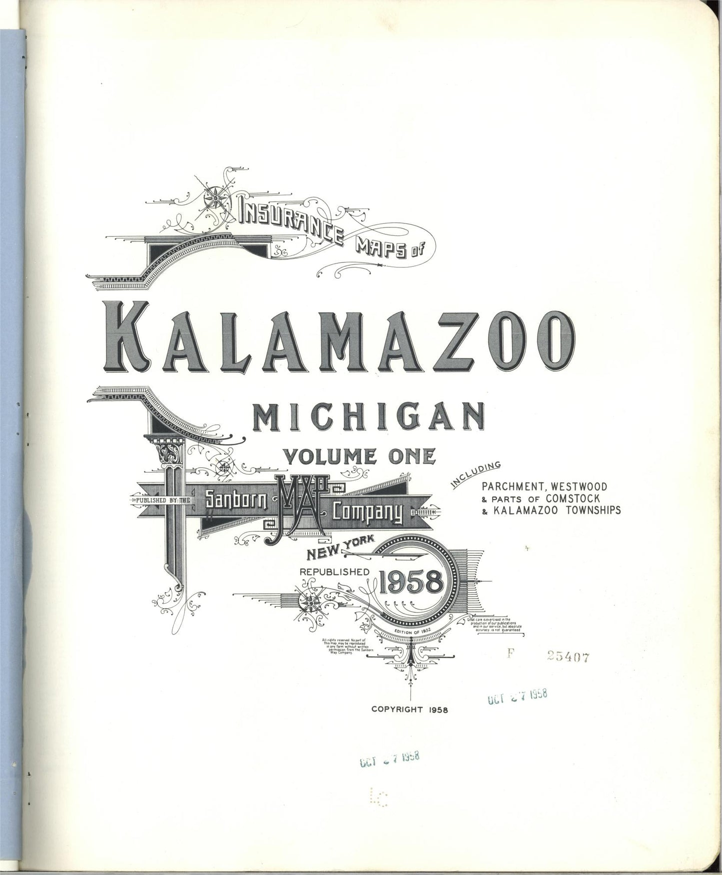 Sanborn Fire Insurance Map from Kalamazoo, Kalamazoo County, Michigan (1958), Sheet #0001 - Complete Map Set gallery image, historic Sanborn map, vintage wall art, Michigan Michigan