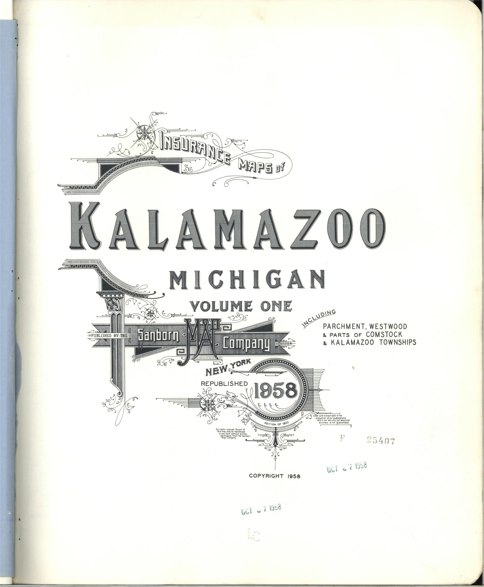 Sanborn Fire Insurance Map from Kalamazoo, Kalamazoo County, Michigan (1958), Sheet #0001 - Complete Map Set gallery image, historic Sanborn map, vintage wall art, Michigan Michigan