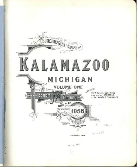 Sanborn Fire Insurance Map from Kalamazoo, Kalamazoo County, Michigan (1958), Sheet #0001 - Complete Map Set gallery image, historic Sanborn map, vintage wall art, Michigan Michigan