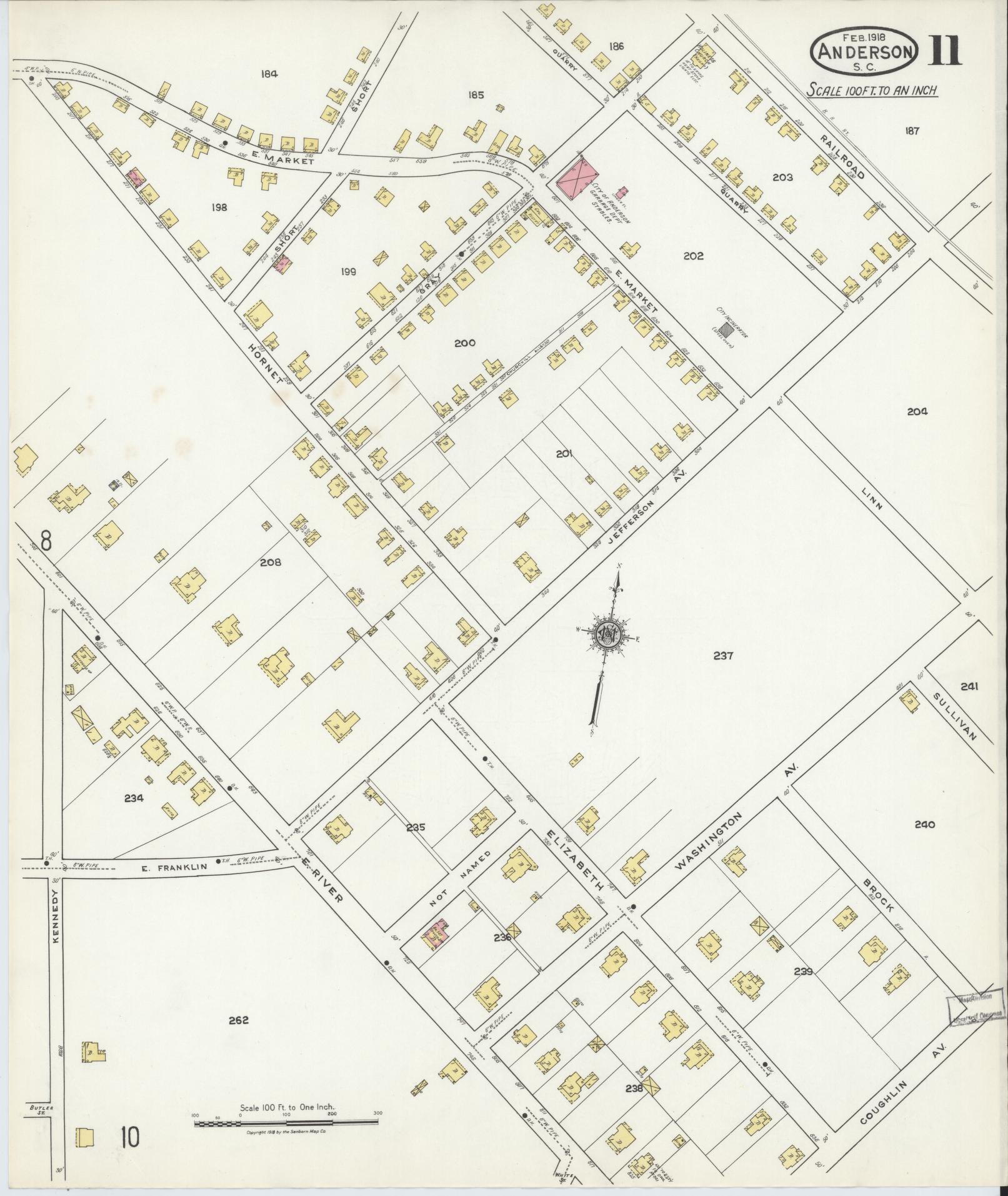 Sanborn Fire Insurance Map from Anderson, Anderson County, South Carolina (1918), Sheet #0011 - Complete Map Set gallery image, historic Sanborn map, vintage wall art, South Carolina South Carolina