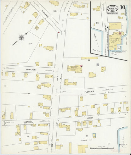 Sanborn Fire Insurance Map from Danvers, Essex County, Massachusetts (1916), Sheet #0010 - Historic Sanborn Fire Insurance Map Print, vintage old map wall art, antique decor, genealogy gift, Massachusetts Massachusetts map