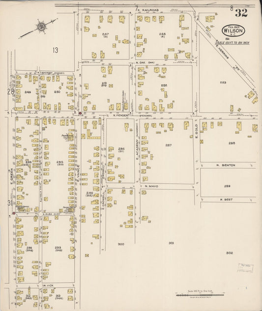 Sanborn Fire Insurance Map from Wilson, Wilson County, North Carolina (1922), Sheet #0032 - Historic Sanborn Fire Insurance Map Print, vintage old map wall art, antique decor, genealogy gift, North Carolina North Carolina map