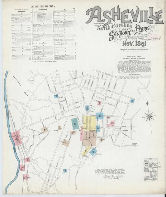 Sanborn Fire Insurance Map from Asheville, Buncombe County, North Carolina (1891), Sheet #0001 - Complete Map Set gallery image, historic Sanborn map, vintage wall art, North Carolina North Carolina