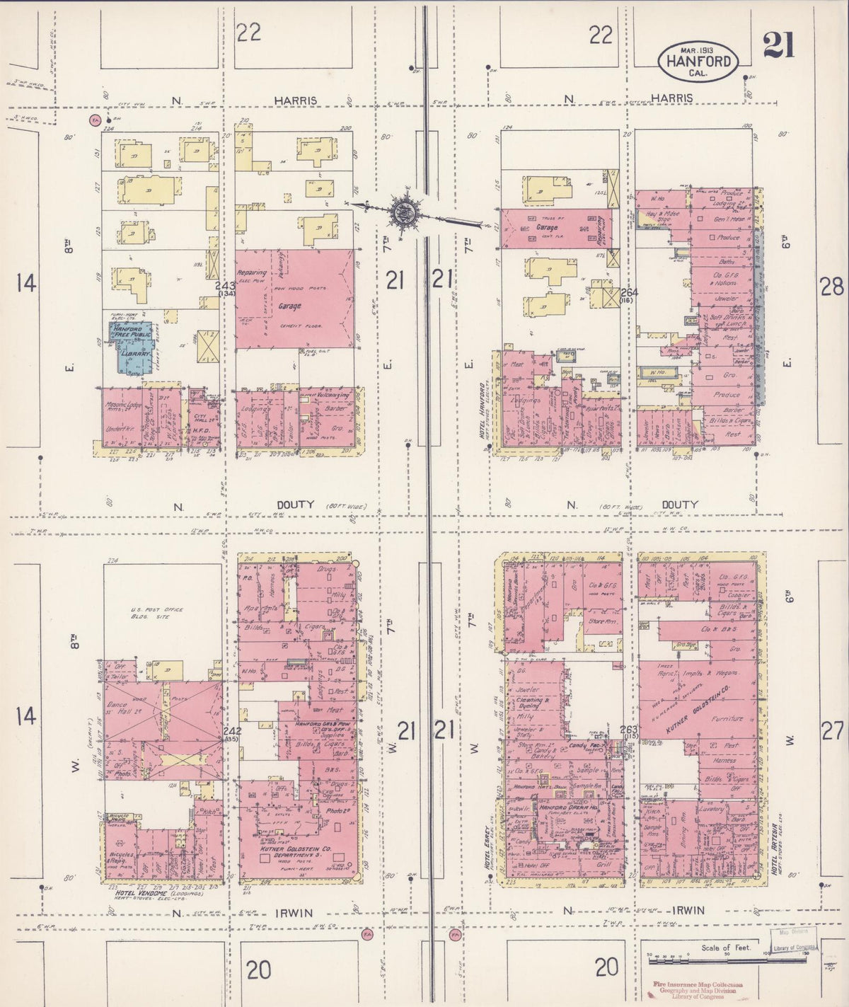 Sanborn Fire Insurance Map from Hanford, Kings County, California (1913), Sheet #0021 - Complete Map Set gallery image, historic Sanborn map, vintage wall art, California California