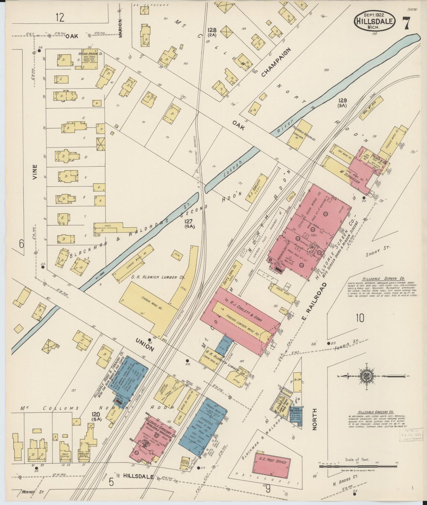 Sanborn Fire Insurance Map from Hillsdale, Hillsdale County, Michigan (1922), Sheet #0007 - Complete Map Set gallery image, historic Sanborn map, vintage wall art, Michigan Michigan