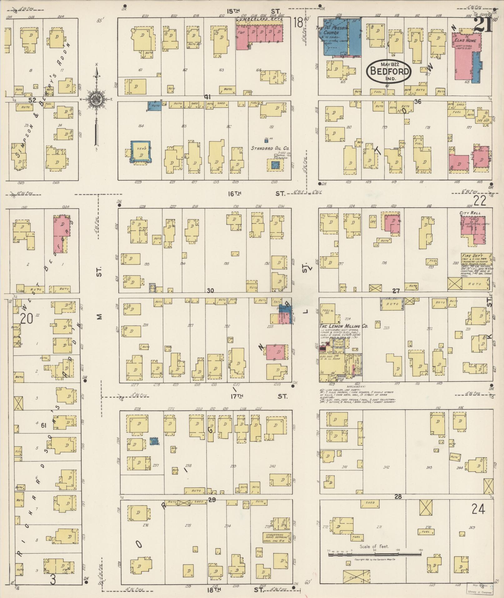 Sanborn Fire Insurance Map from Bedford, Lawrence County, Indiana (1922), Sheet #0021 - Complete Map Set gallery image, historic Sanborn map, vintage wall art, Indiana Indiana