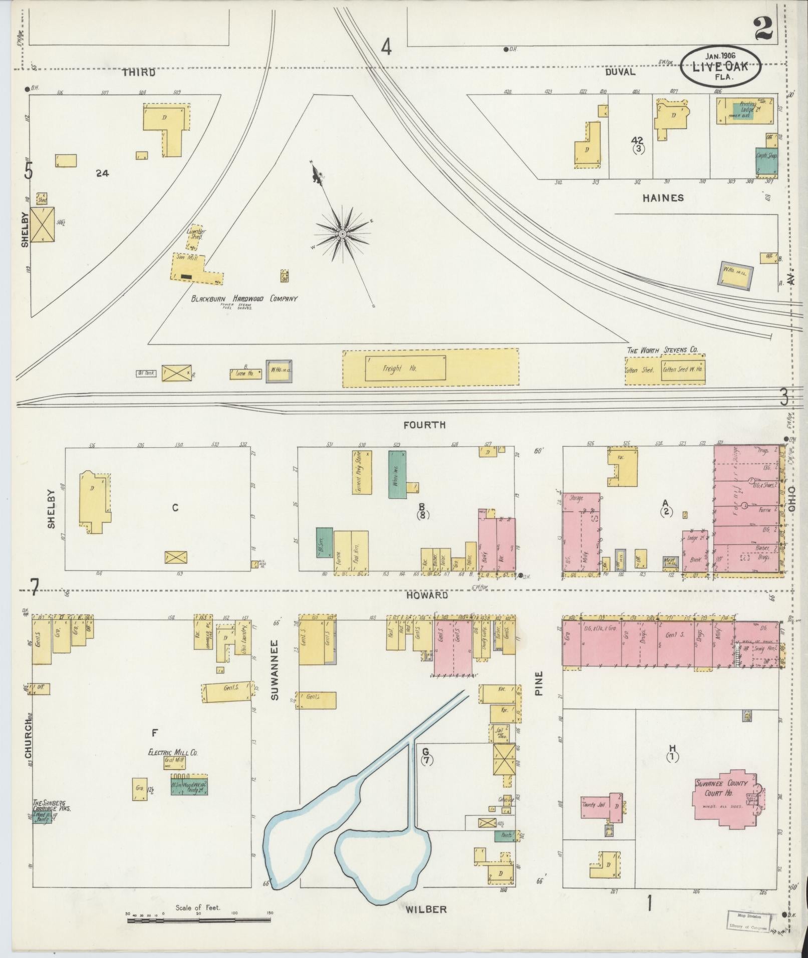 Sanborn Fire Insurance Map from Live Oak, Suwanee County, Florida (1906), Sheet #0002 - Historic Sanborn Fire Insurance Map Print, vintage old map wall art, antique decor, genealogy gift, Florida Florida map