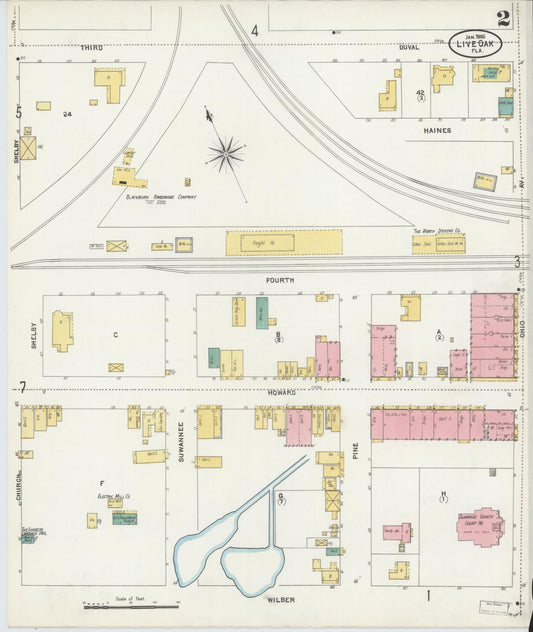 Sanborn Fire Insurance Map from Live Oak, Suwanee County, Florida (1906), Sheet #0002 - Historic Sanborn Fire Insurance Map Print, vintage old map wall art, antique decor, genealogy gift, Florida Florida map