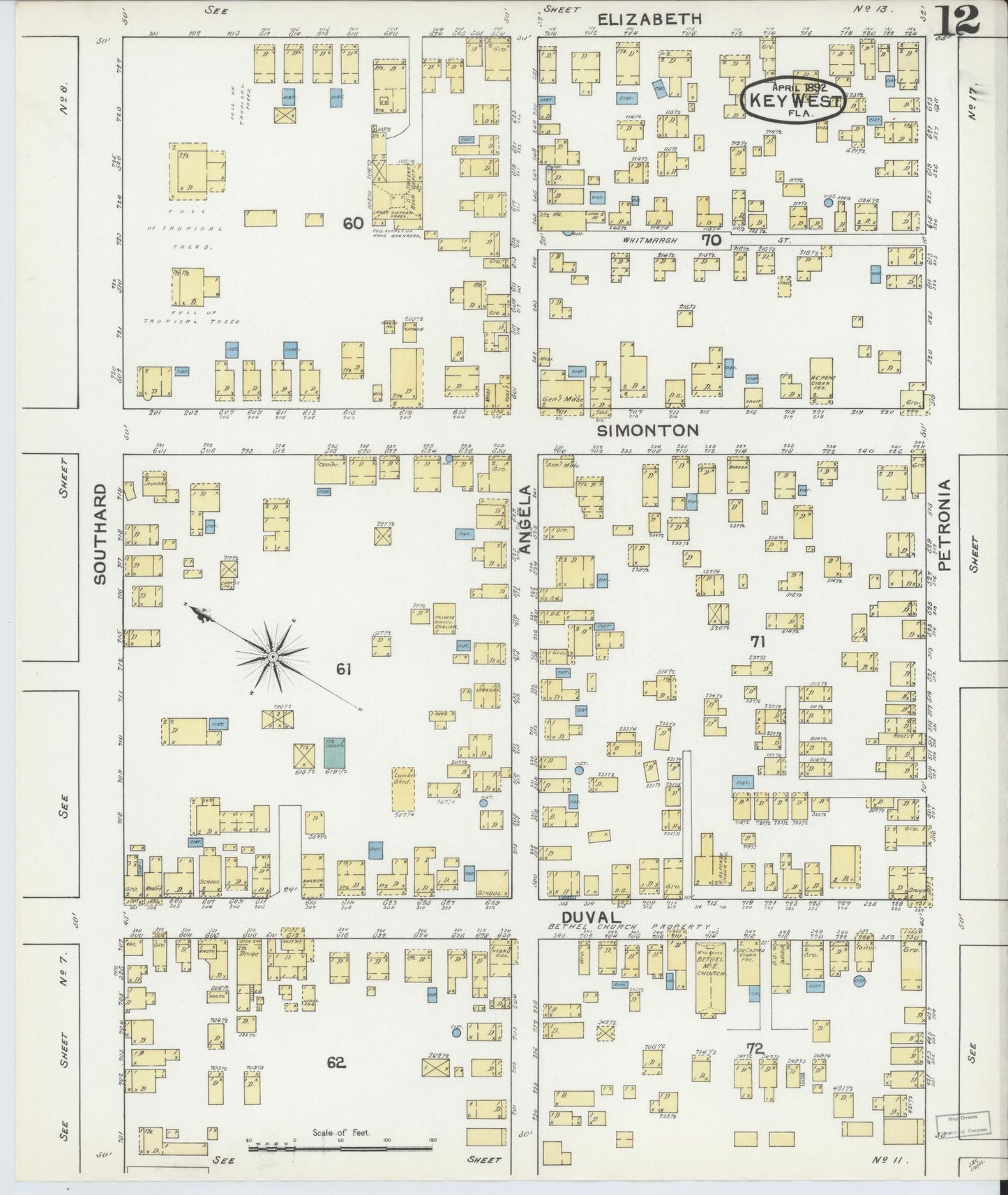 Sanborn Fire Insurance Map from Key West, Monroe County, Florida (1892), Sheet #0012 - Complete Map Set gallery image, historic Sanborn map, vintage wall art, Florida Florida