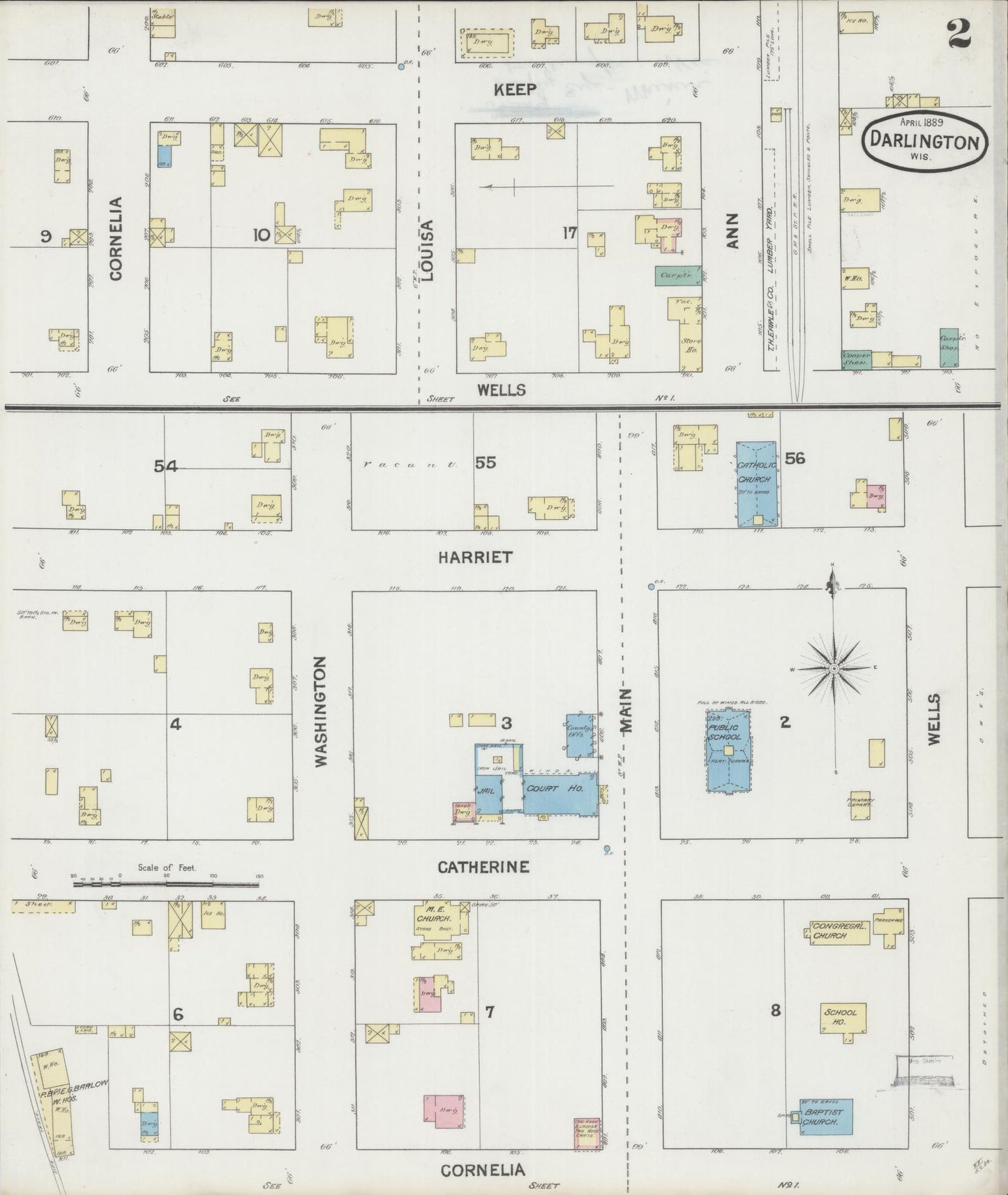Sanborn Fire Insurance Map from Darlington, Lafayette County, Wisconsin (1889), Sheet #0002 - Historic Sanborn Fire Insurance Map Print, vintage old map wall art, antique decor, genealogy gift, Wisconsin Wisconsin map