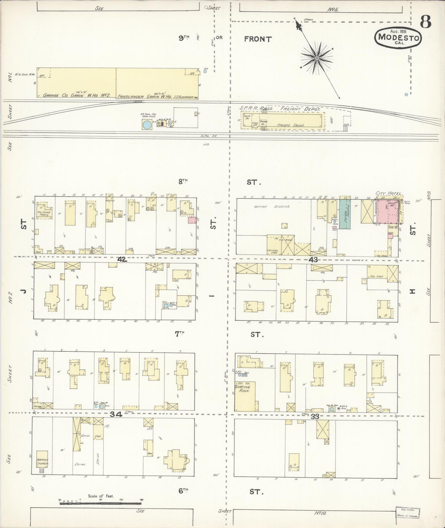 Sanborn Fire Insurance Map from Modesto, Stanislaus County, California (1891), Sheet #0008 - Historic Sanborn Fire Insurance Map Print, vintage old map wall art, antique decor, genealogy gift, California California map