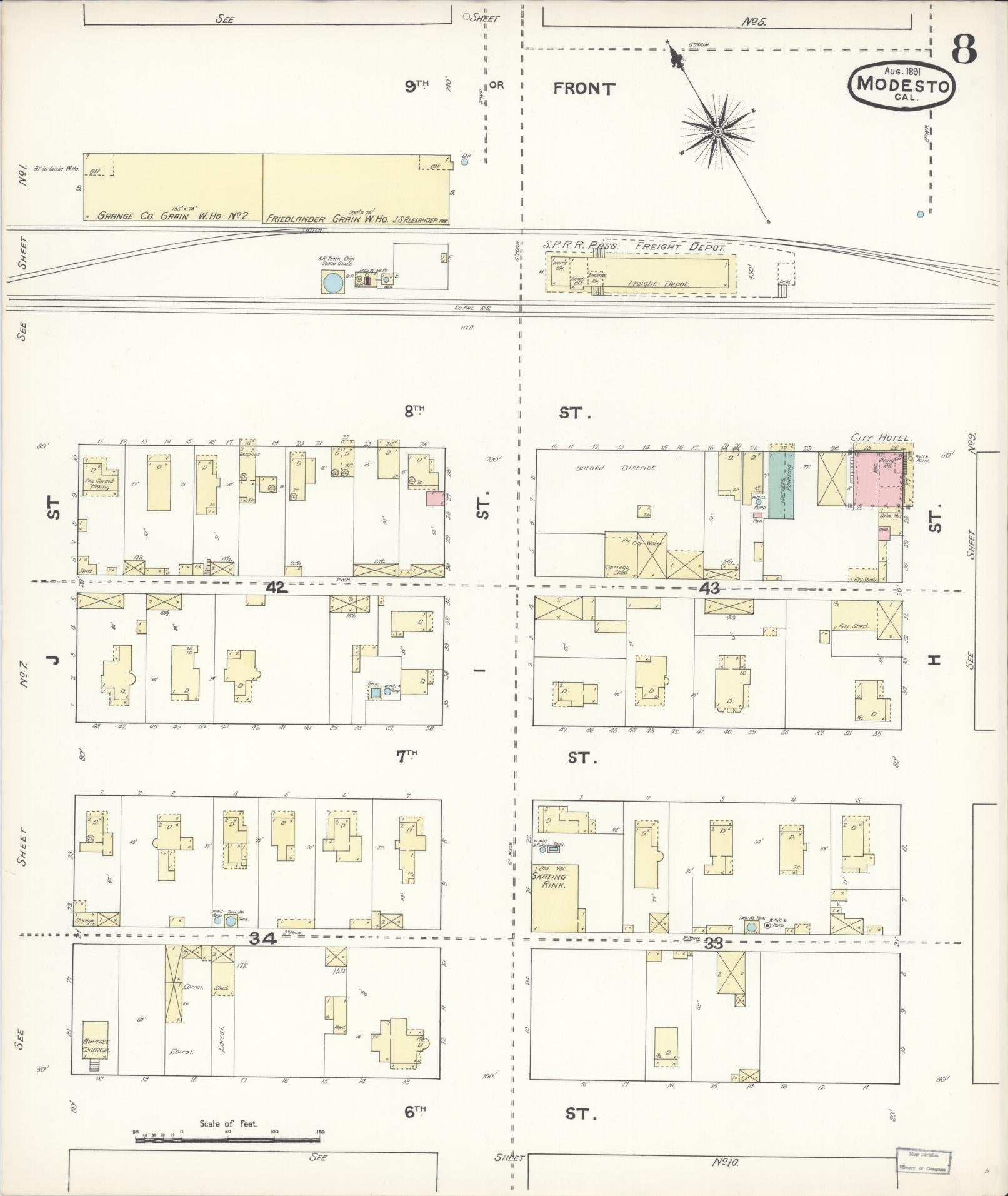 Sanborn Fire Insurance Map from Modesto, Stanislaus County, California (1891), Sheet #0008 - Historic Sanborn Fire Insurance Map Print, vintage old map wall art, antique decor, genealogy gift, California California map