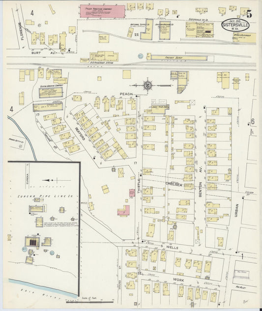 Sanborn Fire Insurance Map from Sistersville, Tyler County, West Virginia (1913), Sheet #0005 - Historic Sanborn Fire Insurance Map Print, vintage old map wall art, antique decor, genealogy gift, West Virginia West Virginia map