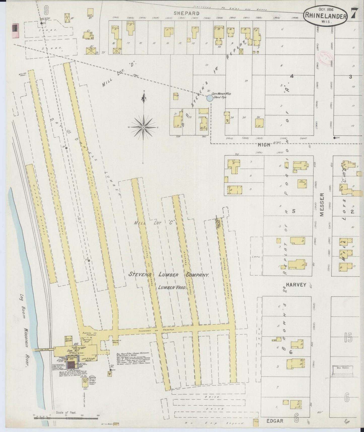 Sanborn Fire Insurance Map from Rhinelander, Oneida County, Wisconsin (1894), Sheet #0007 - Historic Sanborn Fire Insurance Map Print, vintage old map wall art, antique decor, genealogy gift, Wisconsin Wisconsin map