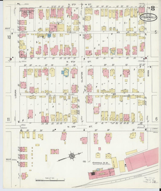 Sanborn Fire Insurance Map from Steubenville, Jefferson County, Ohio (1913), Sheet #0008 - Historic Sanborn Fire Insurance Map Print, vintage old map wall art, antique decor, genealogy gift, Ohio Ohio map