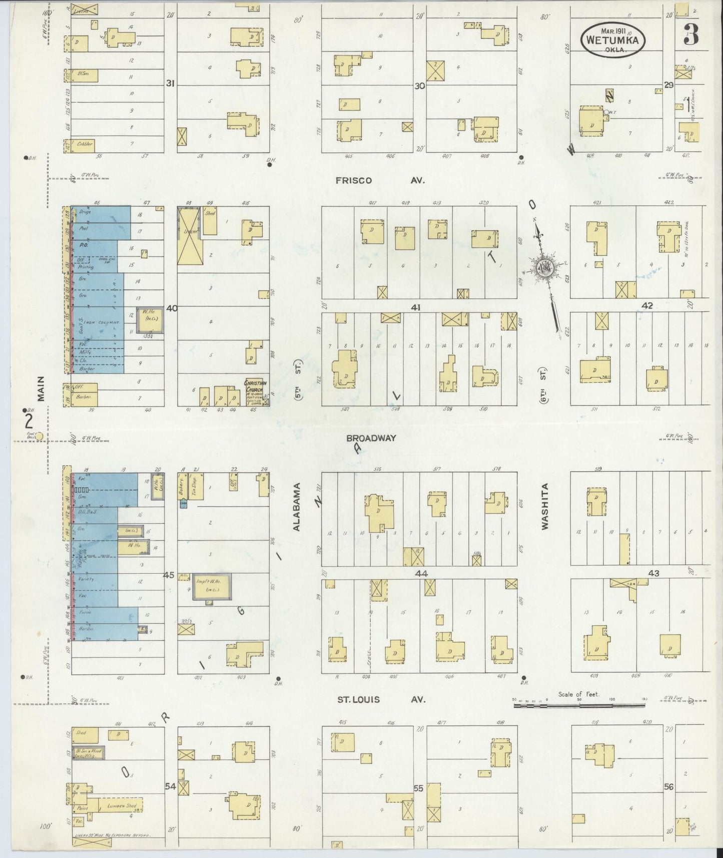Sanborn Fire Insurance Map from Wetumka, Hughes County, Oklahoma (1911), Sheet #0003 - Complete Map Set gallery image, historic Sanborn map, vintage wall art, Oklahoma Oklahoma